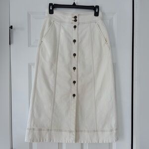 Unsubscribed white denim, button front, maxi skirt